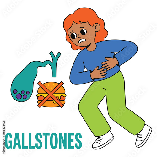 Healthcare Illustration Character Experiencing Gallstone Symptoms, Abdominal Pain, and Dietary Recommendations