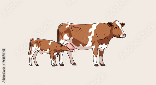 Brown and white cow nursing its calf