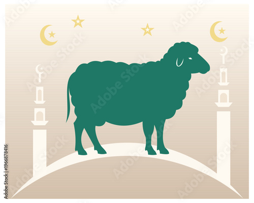 Eid Al-Adha Sheep Silhouette Illustration with Mosque Minarets, Crescent and Stars Background