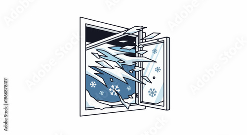 Broken windowpane with snow and snowflakes blowing inwards