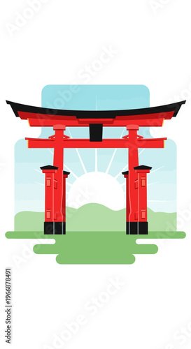 Flat Vector Illustration of a Traditional Japanese Torii Gate at Sunrise