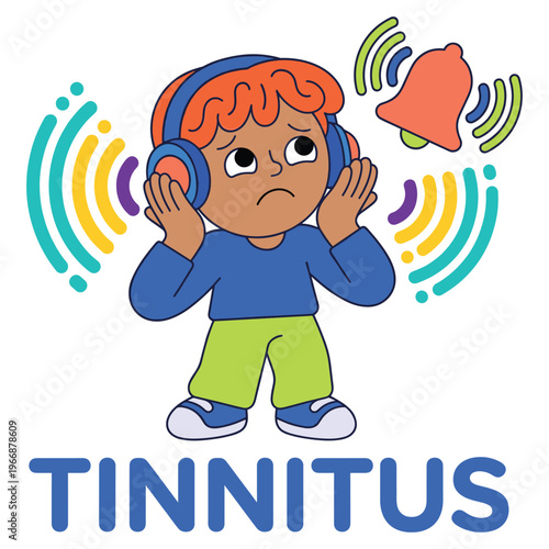 Illustration of a character experiencing ringing ear symptoms, a medical health disease called tinnitus, highlighting healthcare concerns