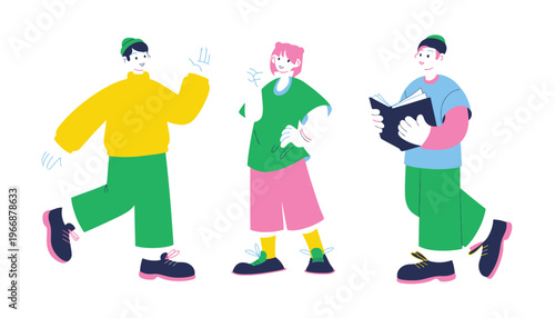 People illustration of three cartoon characters in colorful outfits walking together