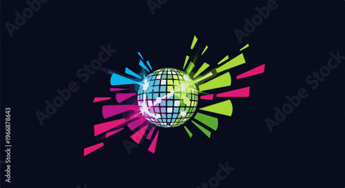 A vibrant disco ball bursts with colorful light rays against a dark backdrop