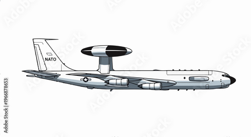Side view of a gray and white airborne early warning aircraft with a large radar dome