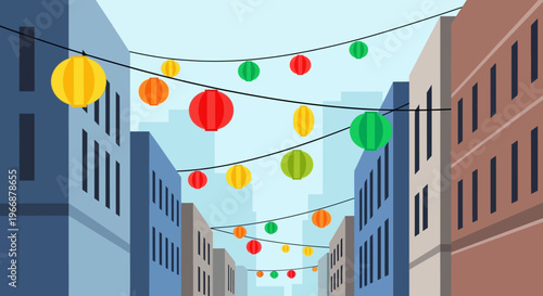 Colorful Chinese Lanterns Hanging Between City Buildings