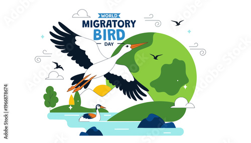 A colorful illustration of World Migratory Bird Day with flying birds