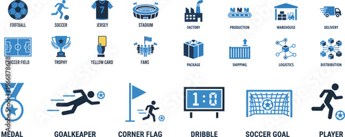 Soccer Icon Set Vector – Football, Player, Jersey, Stadium, Trophy, Field, Yellow Card, Fans