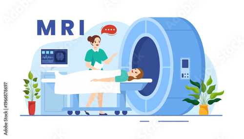 MRI machine with a patient and a medical professional in a hospital