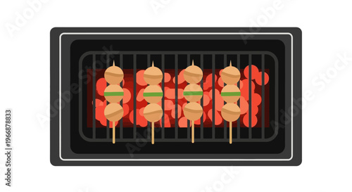 Flat Vector Illustration of Meatballs on Skewers Grilling Over Hot Coals