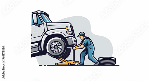 Mechanic changing a truck tire with a jack