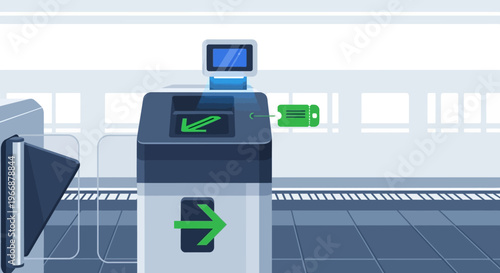 Modern Subway Ticket Gate with Electronic Scanner and Directional Arrows