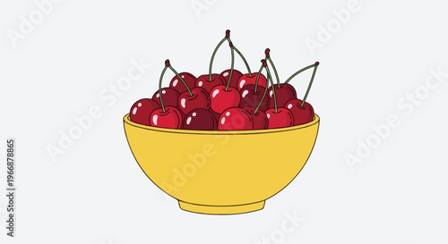 Bright yellow bowl overflowing with ripe, red cherries and their stems