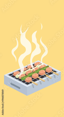 Grilled Yakitori Skewers on Charcoal Grill Illustration
