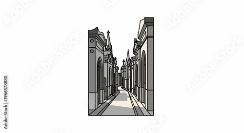 Narrow pathway bordered by elaborate stone tombs under a bright sky