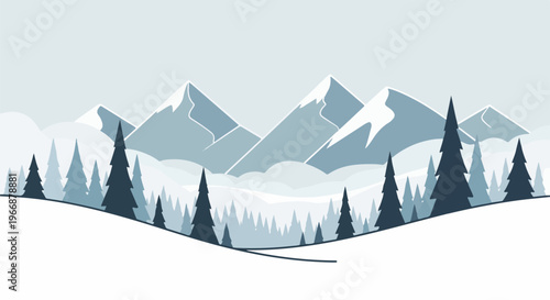 Stylized snow-covered mountains with evergreen trees and a pale sky