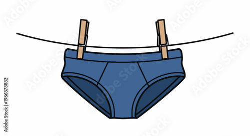 Blue underwear hangs drying on a clothesline with clothespins