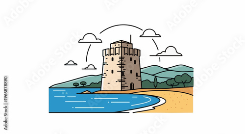 A stylized tower stands beside a blue sea on a sandy shore
