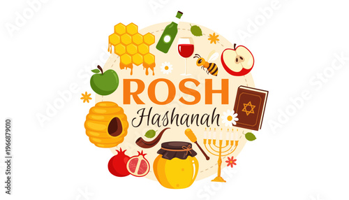 Rosh Hashanah Jewish holiday illustration with traditional symbols and objects
