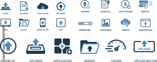 Upload Icon Set Flat Two Tone Blue Cloud Document Backup Mobile Vector