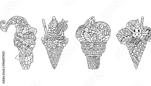 Ice cream vector illustrations of four different cones with toppings
