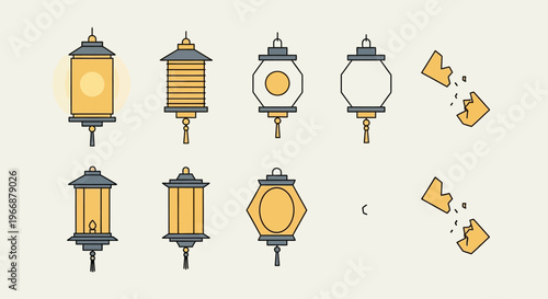 Set of Flat Vector Chinese Lantern Icons for Asian Festivals