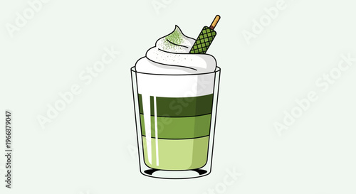 Matcha Latte with Whipped Cream and Wafer in Glass