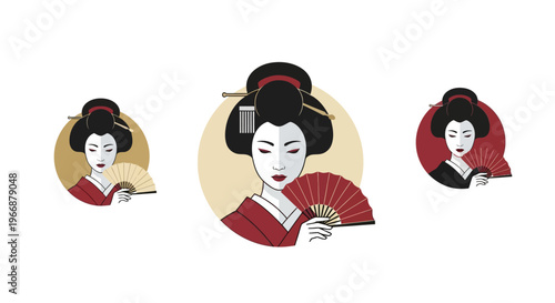 Set of Japanese Geisha Illustrations with Traditional Fans