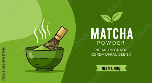 Matcha Powder Packaging Design with Bowl and Bamboo Whisk