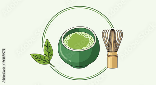 Matcha Tea Ceremony Illustration with Bamboo Whisk and Green Tea Leaves