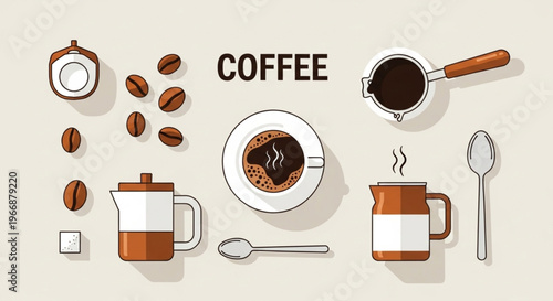 Top view collection of flat design coffee elements featuring a steaming cup, roasted coffee beans, a french press, milk pitcher, and a spoon on a beige background.