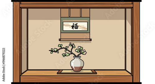 Pixel Art Japanese Tokonoma Alcove with Bonsai and Calligraphy Scroll