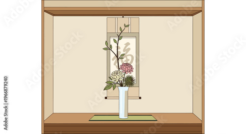 Traditional Japanese Tokonoma Alcove with Ikebana Flower Arrangement and Calligraphy Scroll