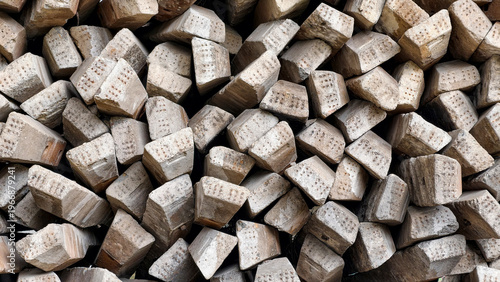 A large pile of gray concrete pillars removed from an old railway line