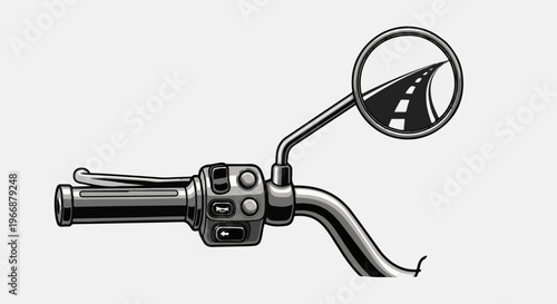 Motorcycle handlebar and mirror reflecting a winding road ahead