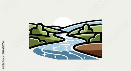 A stylized river flows through green hills under a bright sun