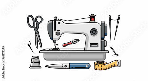 Assorted sewing and crafting tools arranged around a white sewing machine