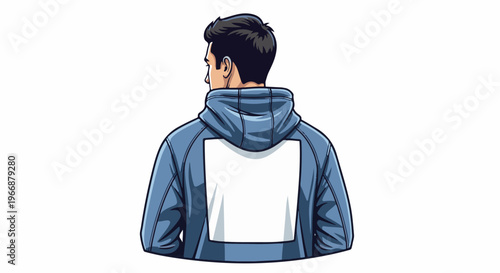 Back view of a young man wearing a blue hooded jacket with a blank white square