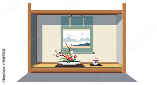 Traditional Japanese Tokonoma Alcove with Ikebana Flower Arrangement and Hanging Scroll