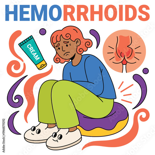 Medical Health Awareness Character Experiencing Hemorrhoid Disease Symptoms and Seeking Healthcare