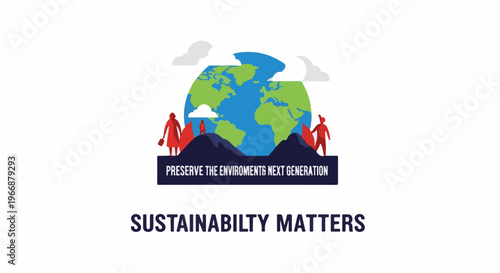 Figures stand on mountains beneath Earth, promoting environmental preservation for the future