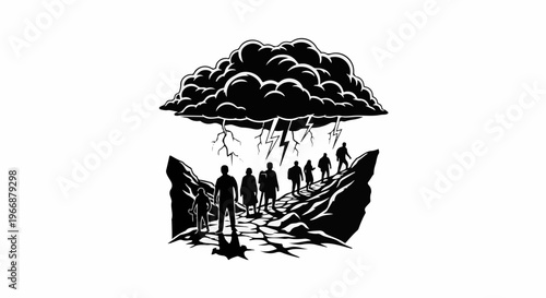 Figures walking on rocky path under stormy, lightning-filled cloud