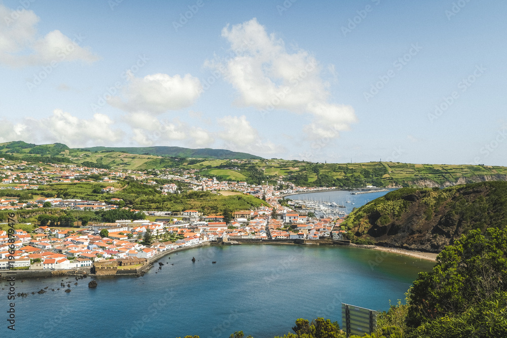 Fototapeta premium Panoramic elevated harbor town vista with lush landscape