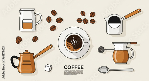 Top view vector illustration of coffee making elements including a cup of coffee, roasted beans, sugar cubes, spoon, and brewing pots on a light background.