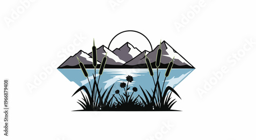 Mountain reflection in water with cattails and flowers at sunset