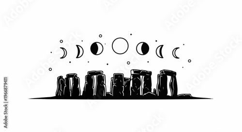 Ancient stones under a celestial sky showing moon phases and stars