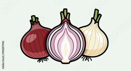 Three diverse onions red, halved, and white, artfully depicted