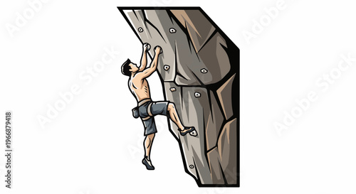 Muscular man climbs artificial rock wall with holds