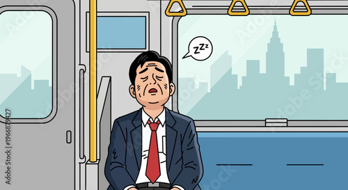 Tired Businessman Sleeping on Commuter Train