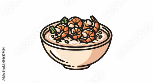 A stylized bowl of rice topped with plump, pink shrimp and green herbs